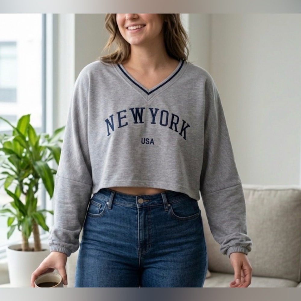 Gray V-Neck Cropped Sweater
